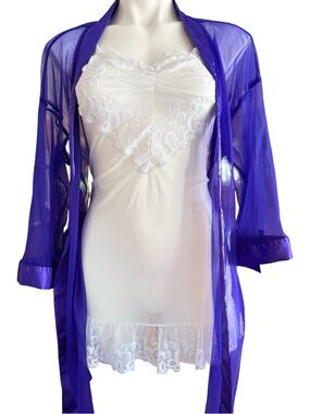Vintage Purple Sheer Nylon Robe & White Lace Chemise Lingerie Set Sz M